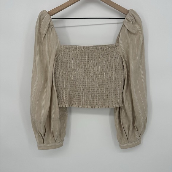 Derek Lam 10 Crosby Women'sLinen Blend Puffy Sleeve Striped Smocked Blouse Sz 4 - Picture 3 of 9